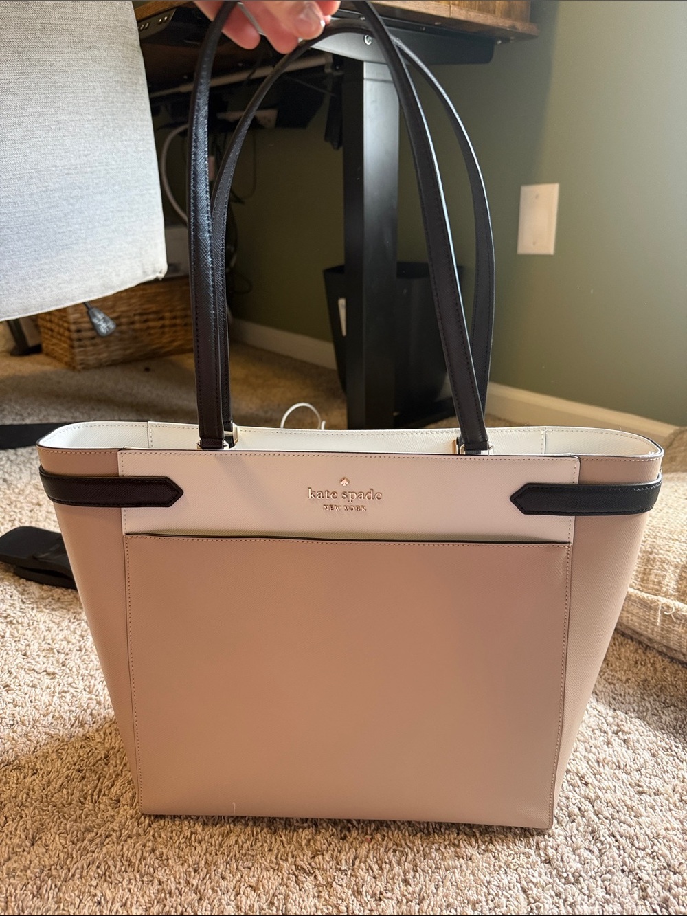 kate spade Pink and White Leather Tote with Dark Brown Handles